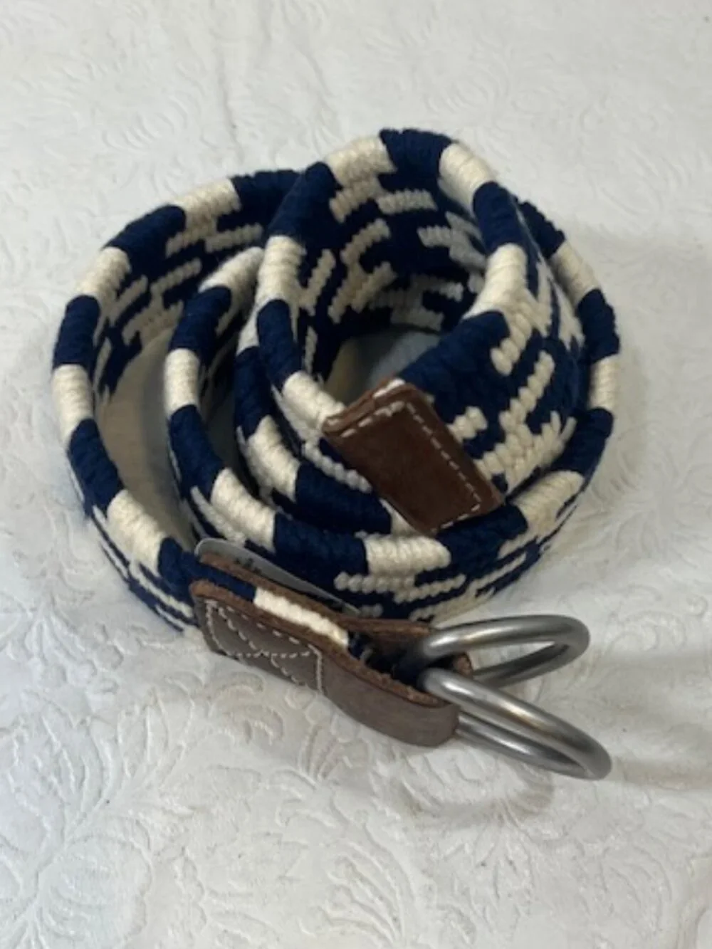 J.Crew Navy Blue & White Woven Cotton Belt Leather Trim Double D-Ring Buckle S-M
